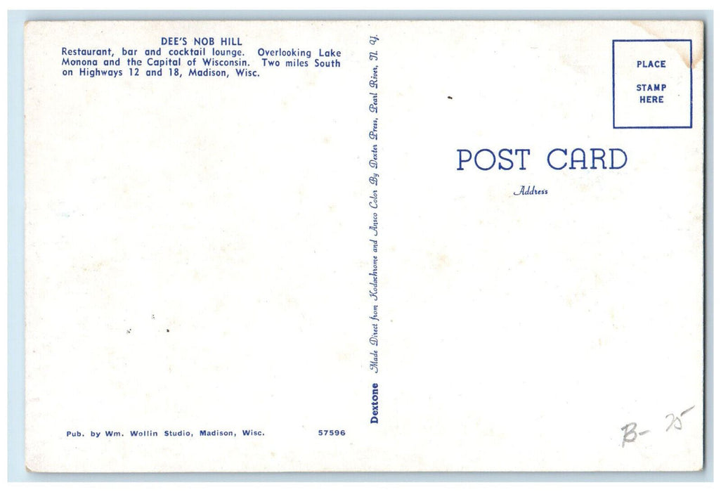 c1960's Dee's Nob Hill Restaurant Bar Cocktail Lounge Madison WI Postcard