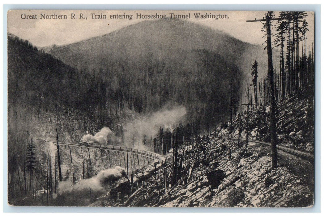 c1910 Great Northern Railroad Train Entering Horseshoe Tunnel WA Postcard