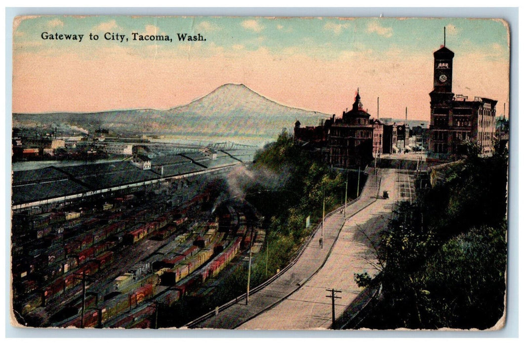 1912 Train Wagon Buildings Gateway to City Tacoma Washington WA Postcard