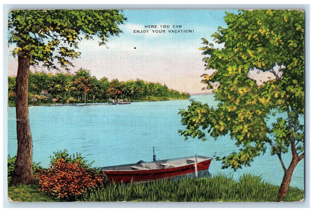 1945 Boat Scene Greetings from Paddock Lake Wisconsin WI Vintage Postcard