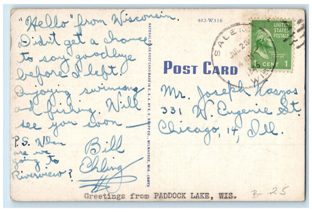 1945 Boat Scene Greetings from Paddock Lake Wisconsin WI Vintage Postcard