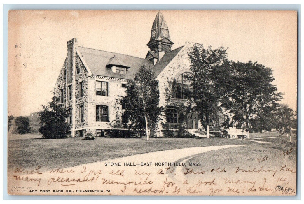 1905 Stone Halls Tower Clock East Northfield Massachusetts MA Antique Postcard