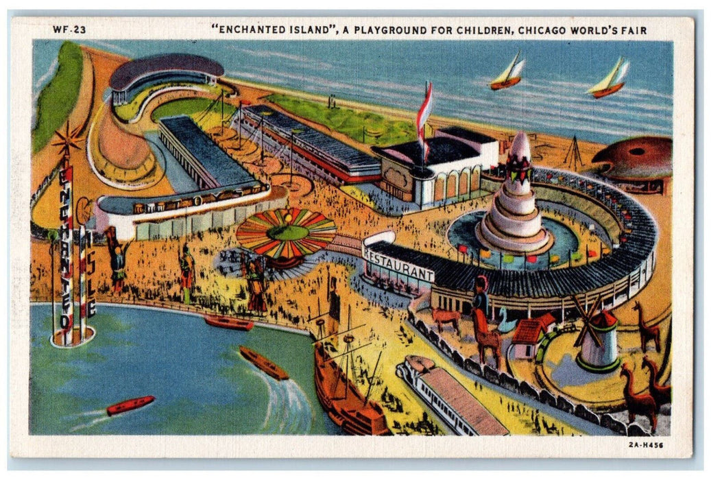 1933 Enchanted Island Restaurant Windmill Boats Chicago World's Fair IL Postcard