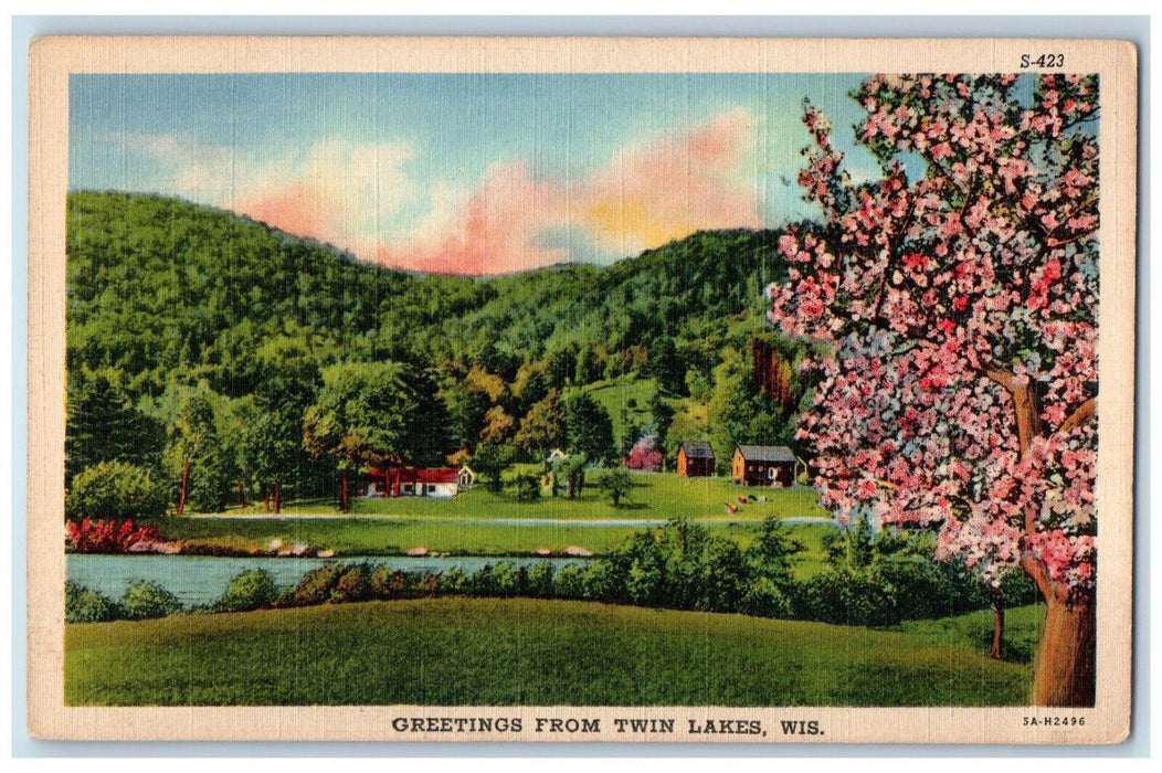 c1940's Pink Tree Greetings from Twin Lakes Wisconsin WI Vintage Postcard