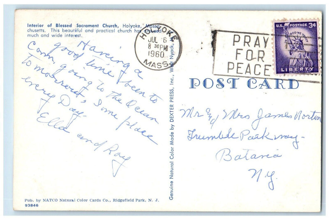 1960 Interior Of Blessed Sacrament Church Holyoke Massachusetts MA Postcard