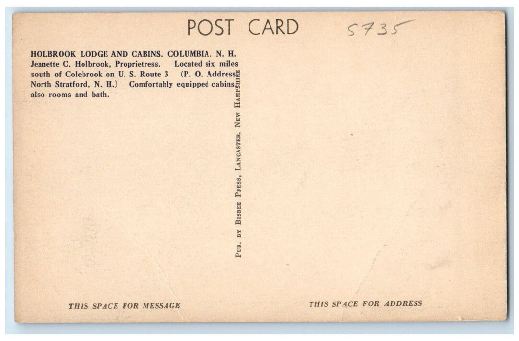 c1910 Holbrook Lodge & Cabins Columbia New Hampshire NH Unposted Postcard