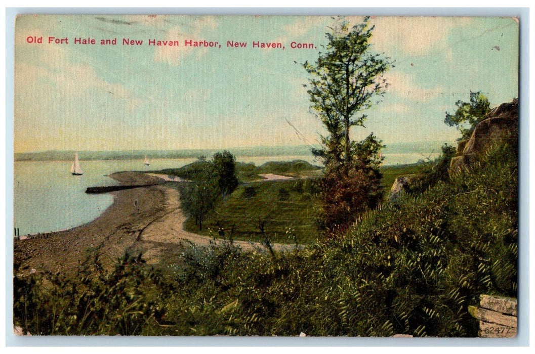 1912 Old Fort Hale New Haven Harbor Dirt Road Sailboat New Haven CT Postcard