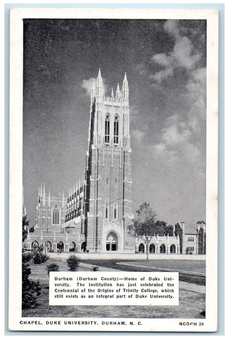 c1920's Chapel Duke University Durham North Carolina NC Antique Postcard