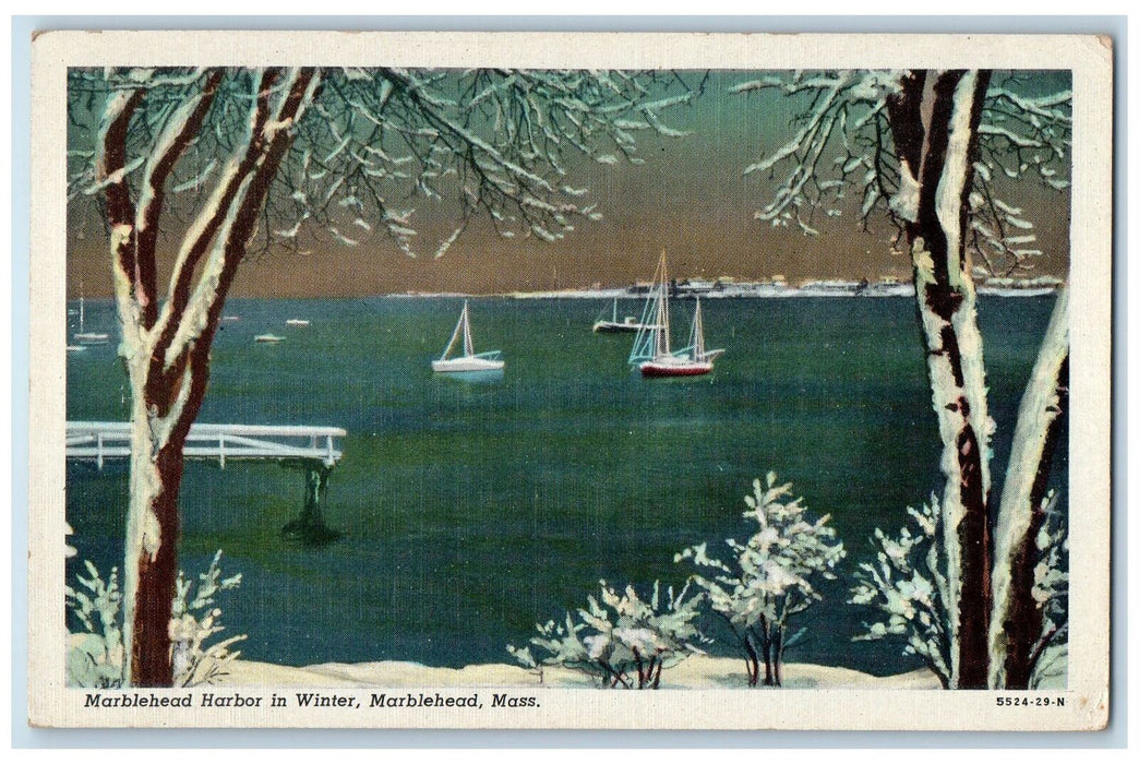 c1920 Marblehead Harbor In Winter Marblehead Massachusetts Sailboat MA Postcard