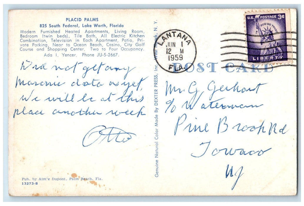 1959 Placid Palms Modern Heated Apartments Lake Worth Florida FL Posted Postcard