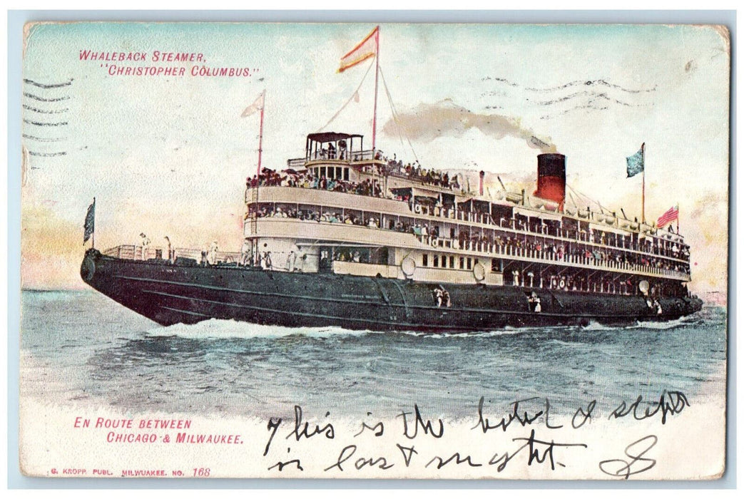 1907 Whaleback Steamer Ship S.S. Christopher Columbus Milwaukee WI Postcard