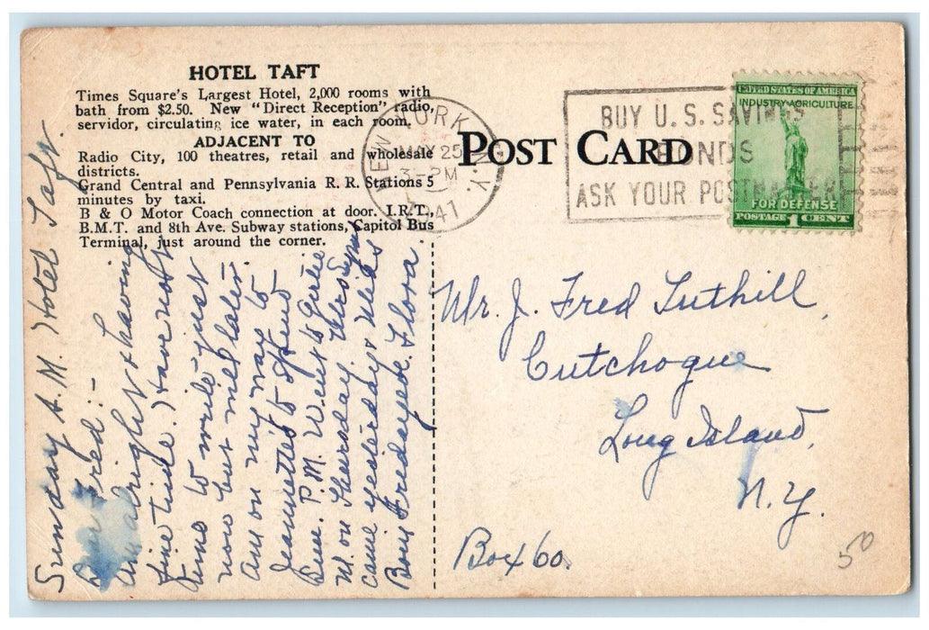 1941 Hotel Taft Multiple View Restaurant Building Classic Cars NY Postcard