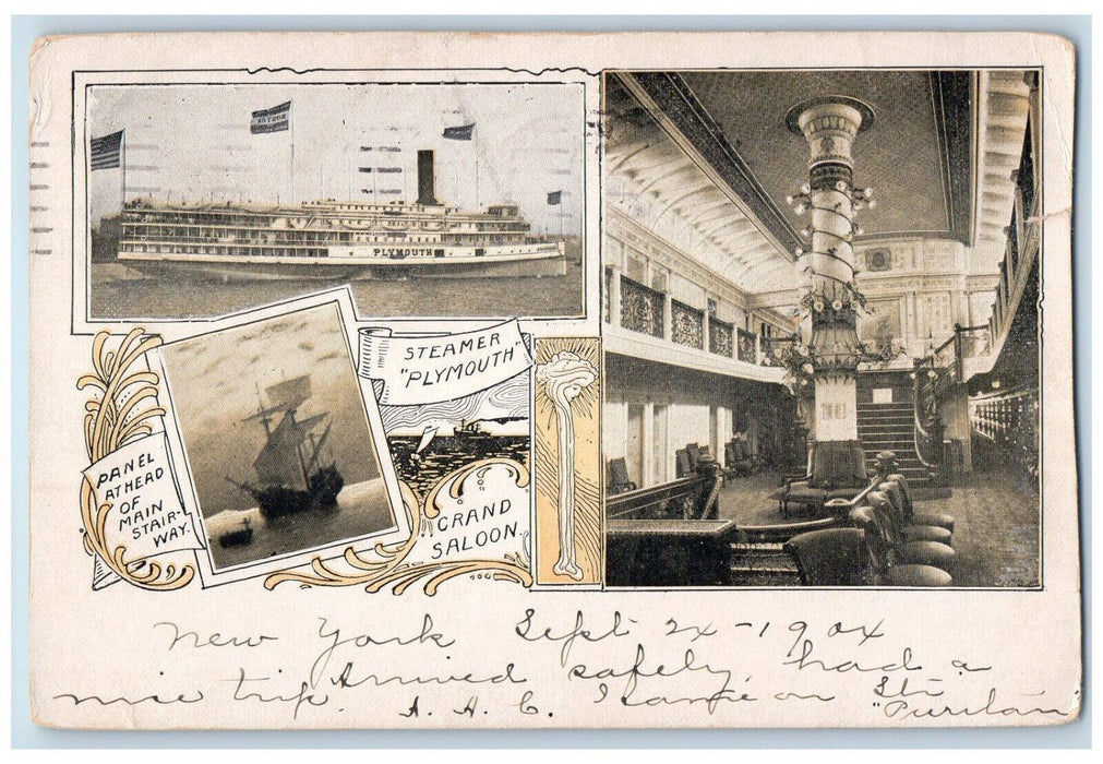 1904 S.S. Steamer Ship Plymount Grand Saloon Massachusetts MA Multiview Postcard
