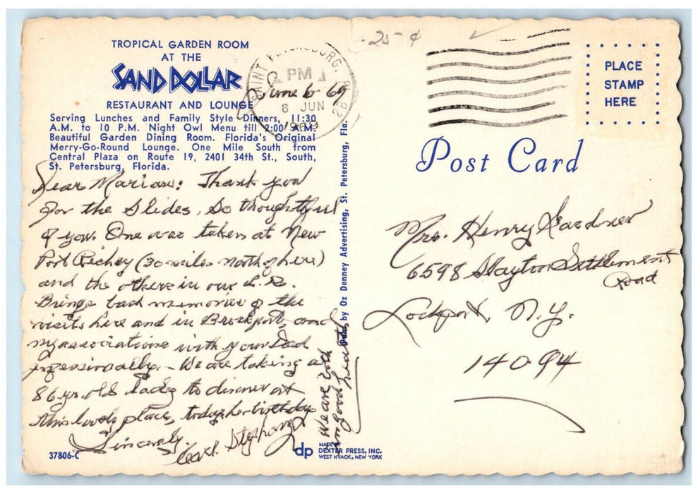 1969 Tropical Garden Room at Sand Dollar Restaurant and Lounge FL Postcard