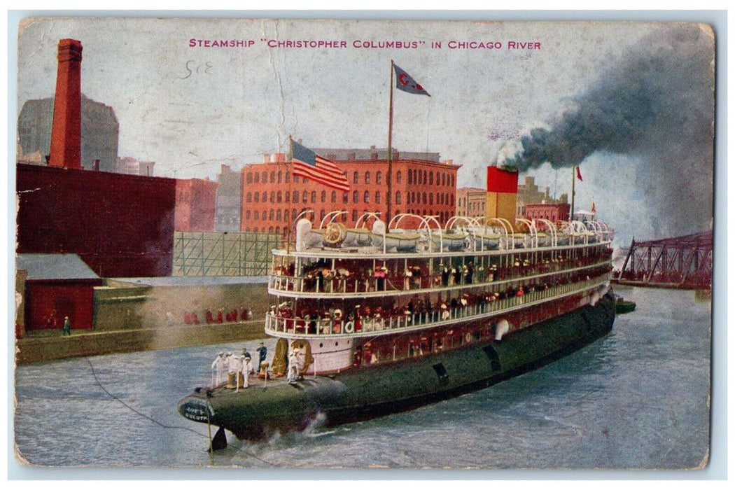 1911 S.S. Steamship Christopher Columbus In Chicago River Illinois IL Postcard