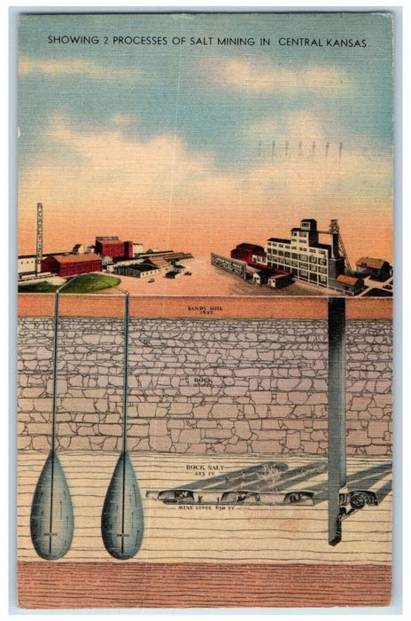1946 Showing 2 Process Of Salt Mining In Central Kansas KS Vintage Postcard