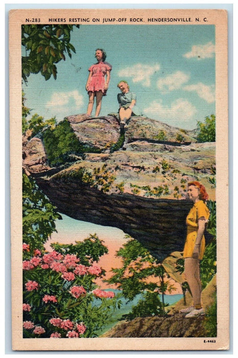 1949 Hikers Resting on Jump-off Rock Hendersonville North Carolina NC Postcard