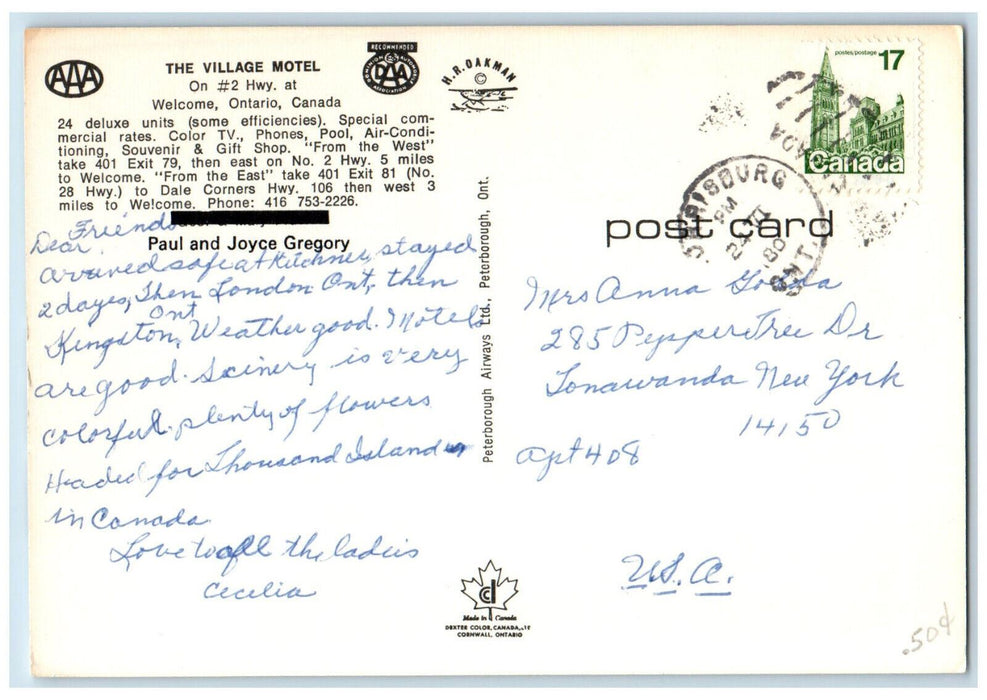1980 The Village Motel Welcome Ontario Canada Multiview Vintage Postcard