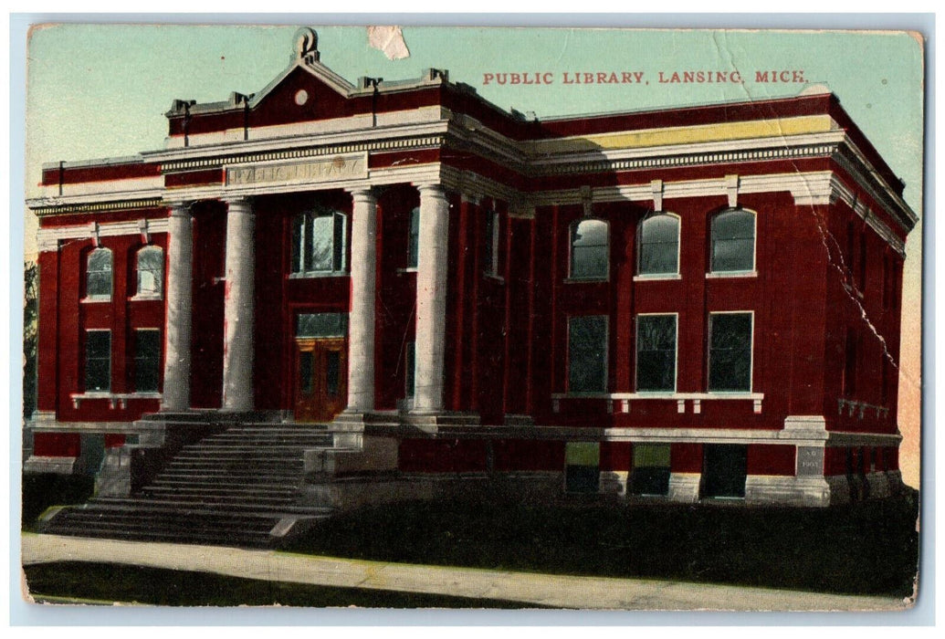 c1910 Stairway Entrance Public Library Lansing Michigan MI Posted Postcard