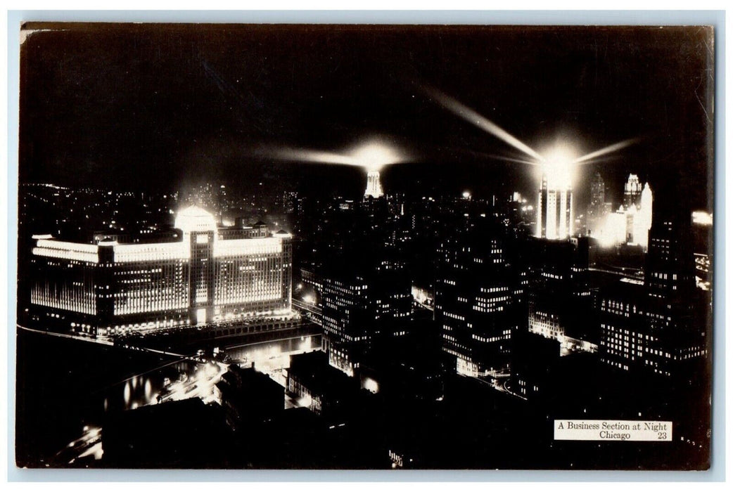 Birds Eye View Of Business Section At Night Chicago IL RPPC Photo Postcard