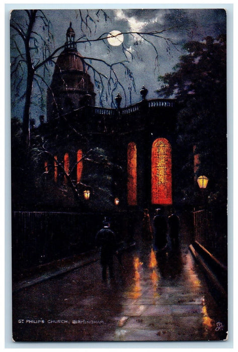 c1910 St. Philips Church Birmingham at Night England Oilette Tuck Art Postcard