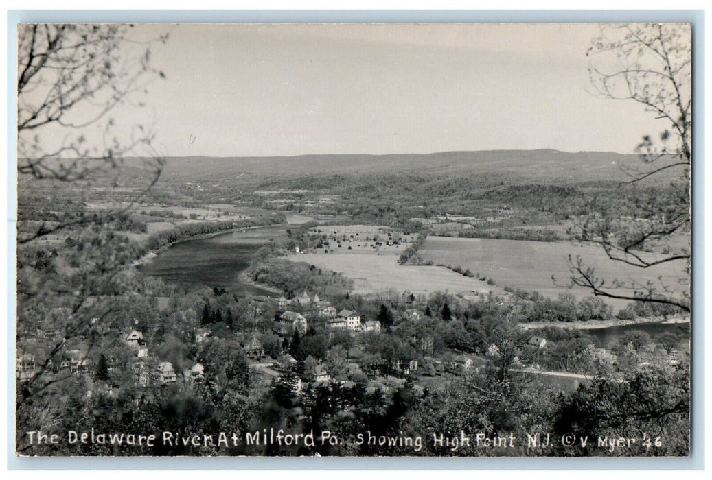 c1940's Delaware River At Milford PA, Showing High Point NJ RPPC Photo Postcard