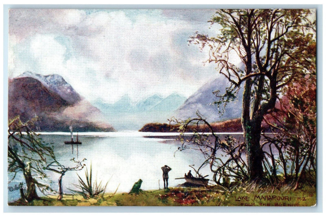 c1910 Boating at Lake Manapouri New Zealand Oilette Tuck Art Postcard