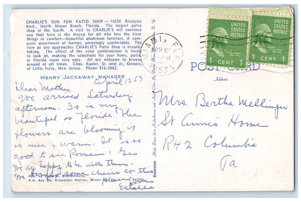1953 Charlie's Sun Fun Patio Shop Biscayne North Miami Beach Florida FL Postcard