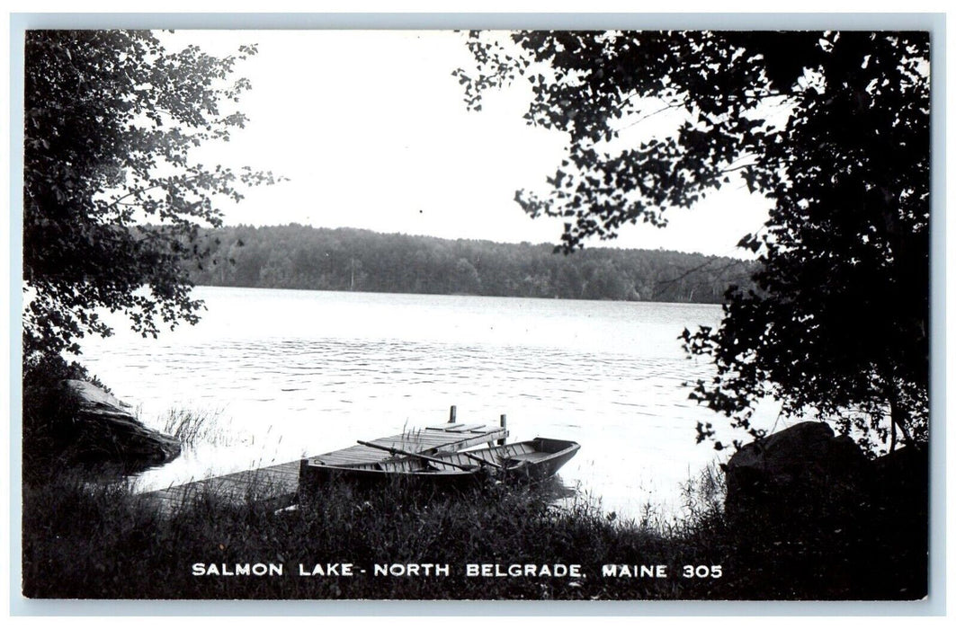 View Of Salmon Lake North Belgrade Maine ME, Canoe Boat RPPC Photo Postcard