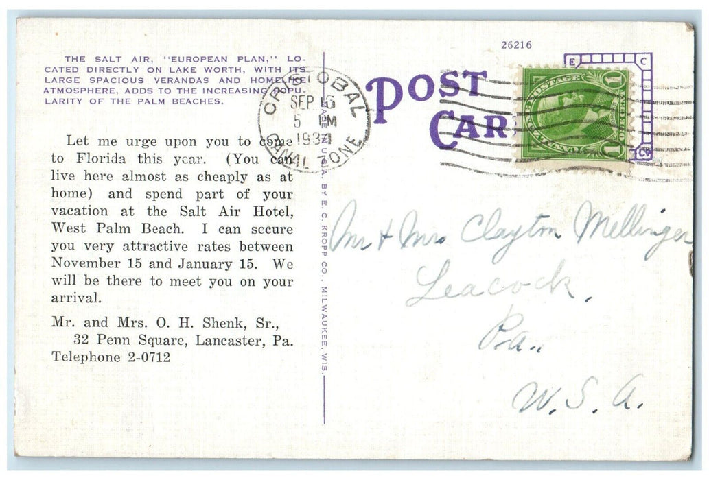 1934 Hotel Salt Air European Plan Verandas West Palm Beach Florida FL Postcard