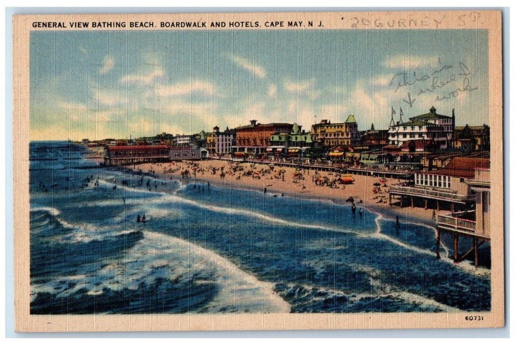 1944 General View Bathing Beach Boardwalk Hotels Cape May New Jersey NJ Postcard
