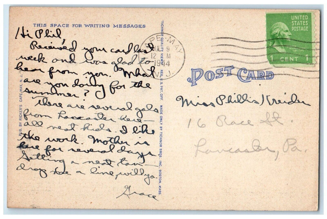 1944 General View Bathing Beach Boardwalk Hotels Cape May New Jersey NJ Postcard