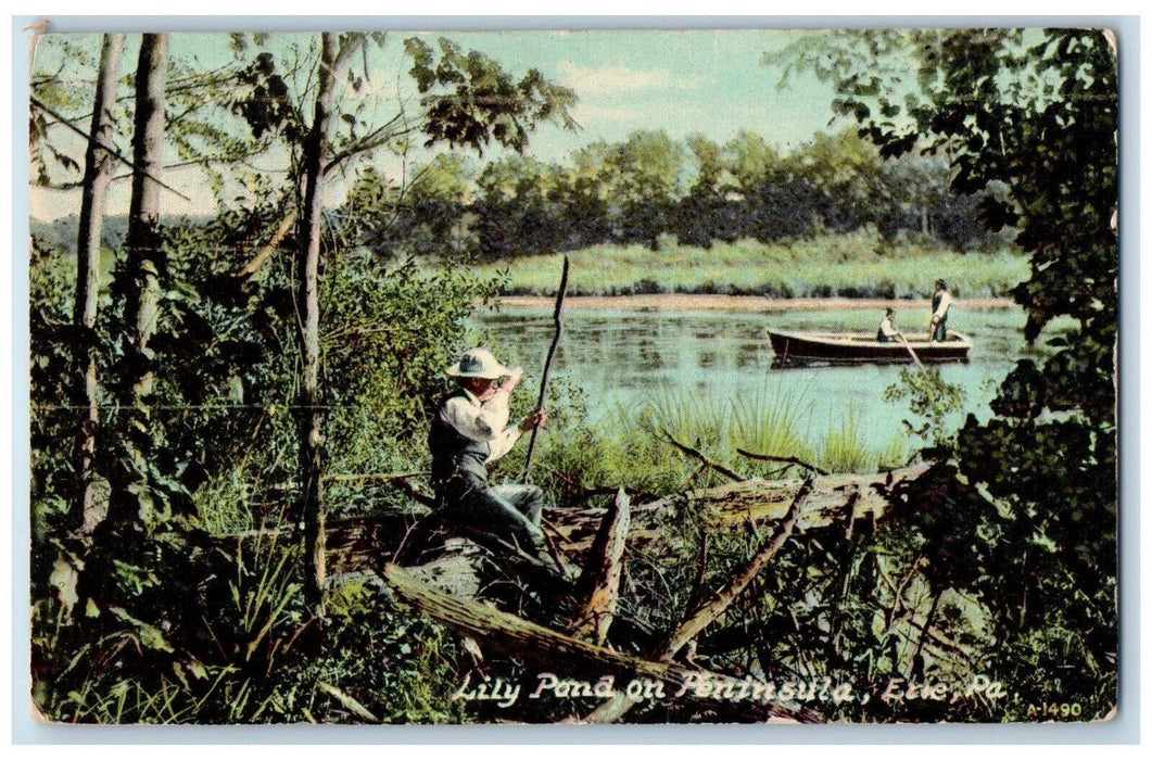 Lily Pond On Peninsula Boat Canoeing Scene Erie Pennsylvania PA Antique Postcard