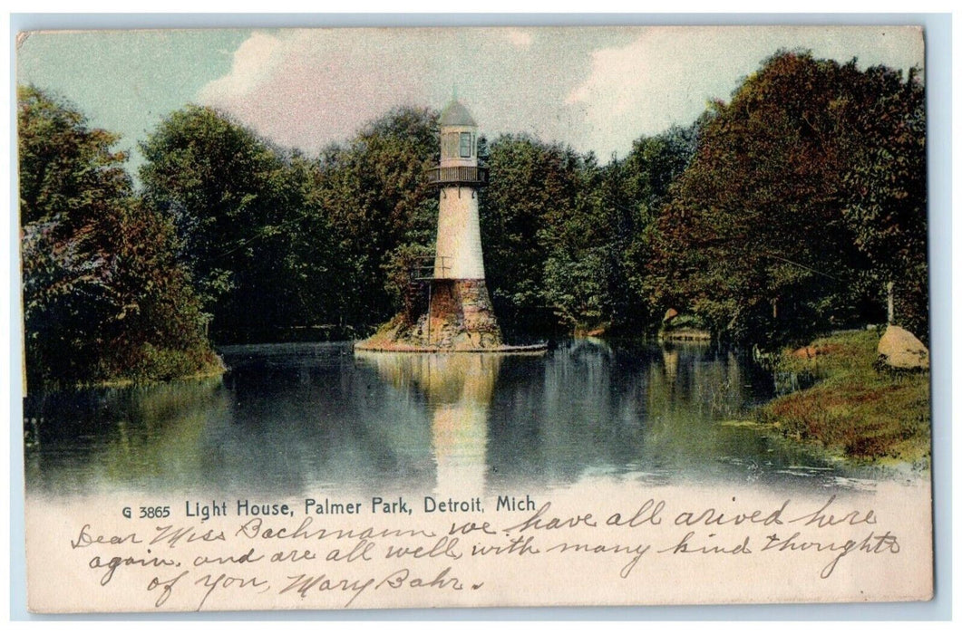 1909 Light House Palmer Park Lake Tree Detroit Michigan Vintage Antique Postcard