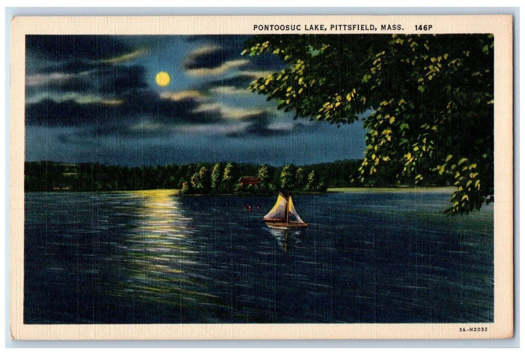 c1940 Pontoosuc Lake Moonlight Moon Night Pittsfield Massachusetts MA Postcard