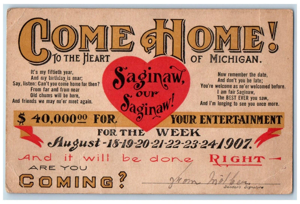 Greetings From Saginaw Michigan MI, Heart Humor Advertising Antique Postcard