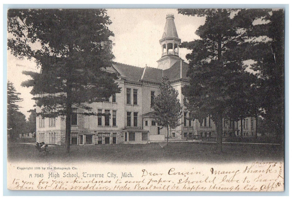 1906 High School Building Traverse City Michigan MI Rotograph Antique Postcard