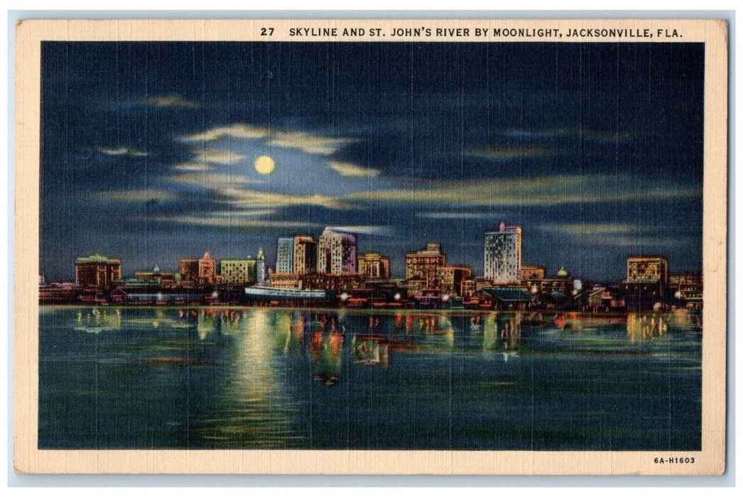 1940 Skyline St. John's River Moonlight Night Moon Jacksonville Florida Postcard