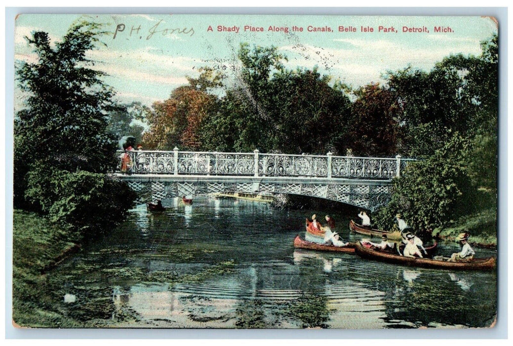1908 Canoeing Boat Shady Place Along Canals Belle Isle Detroit Michigan Postcard