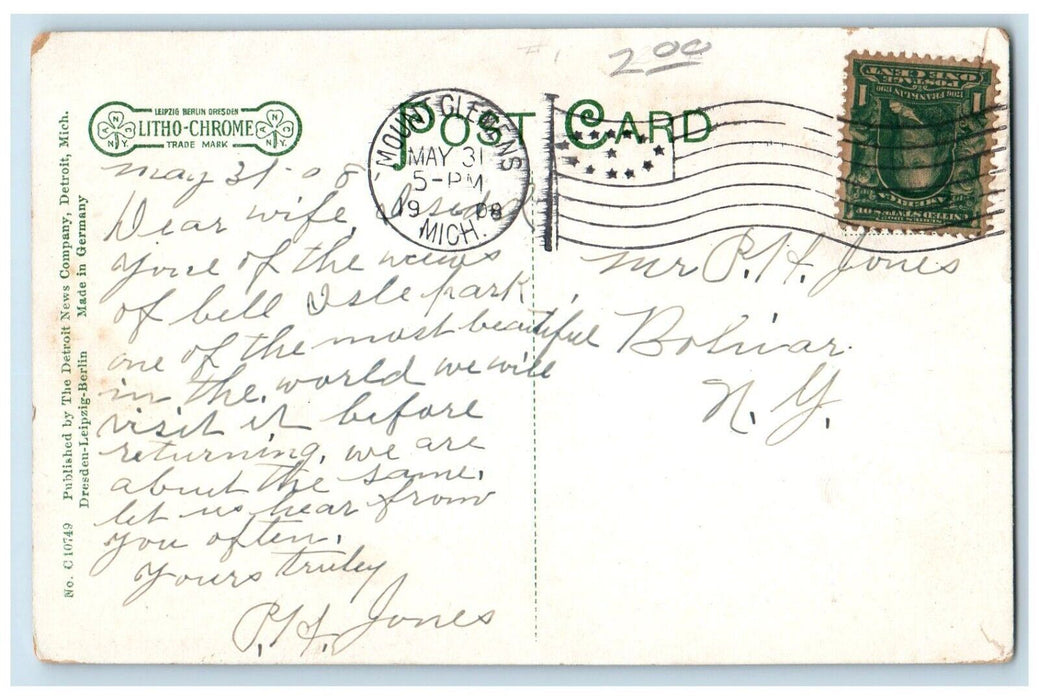 1908 Canoeing Boat Shady Place Along Canals Belle Isle Detroit Michigan Postcard