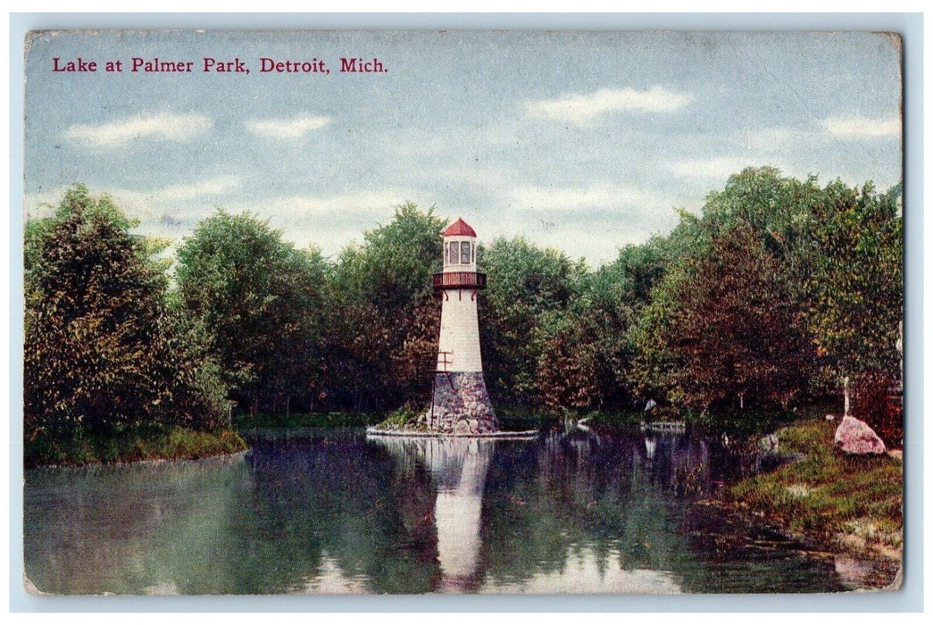 1909 Lake Palmer Park Light House Detroit Michigan MI Vintage Antique Postcard
