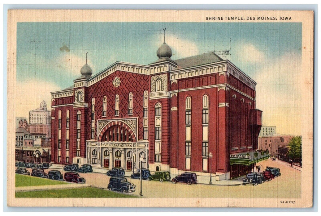 1938 Shrine Temple Classic Cars Exterior Building Road Des Moines Iowa Postcard