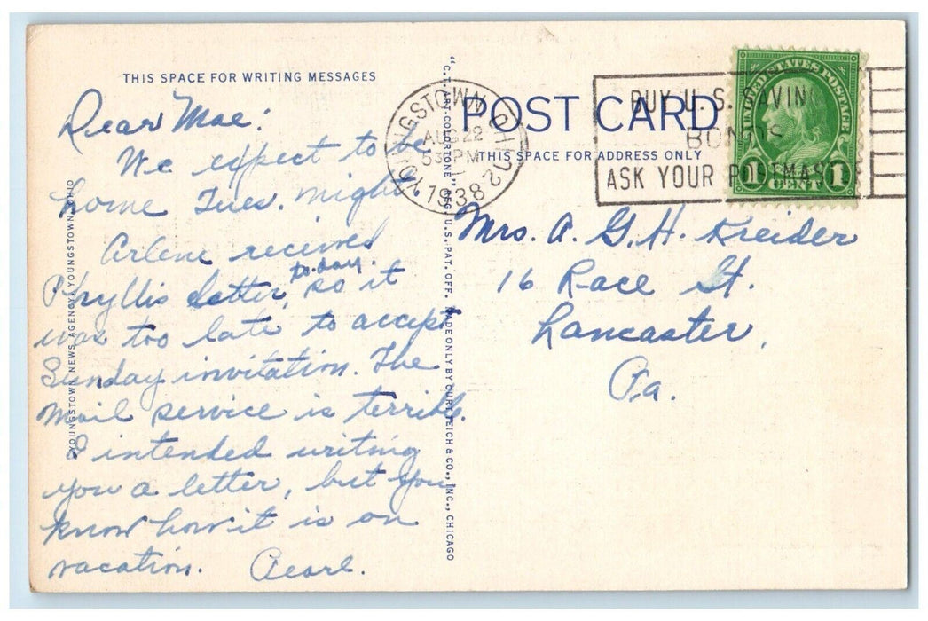 1938 Butler Art Institute First Christian Church Field Youngstown Ohio Postcard