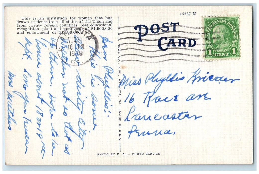 1938 Agnes Scott College Decatur Near Exterior Building Atlanta Georgia Postcard