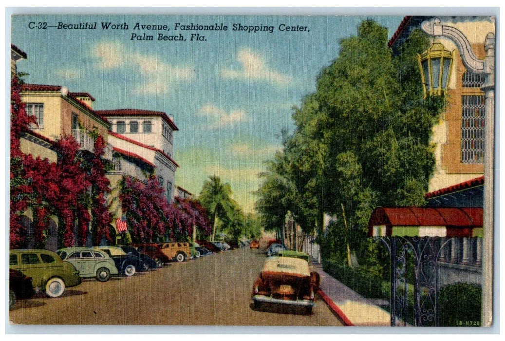 1957 Beautiful Worth Avenue Cars Shopping Center Palm Beach Florida FL Postcard