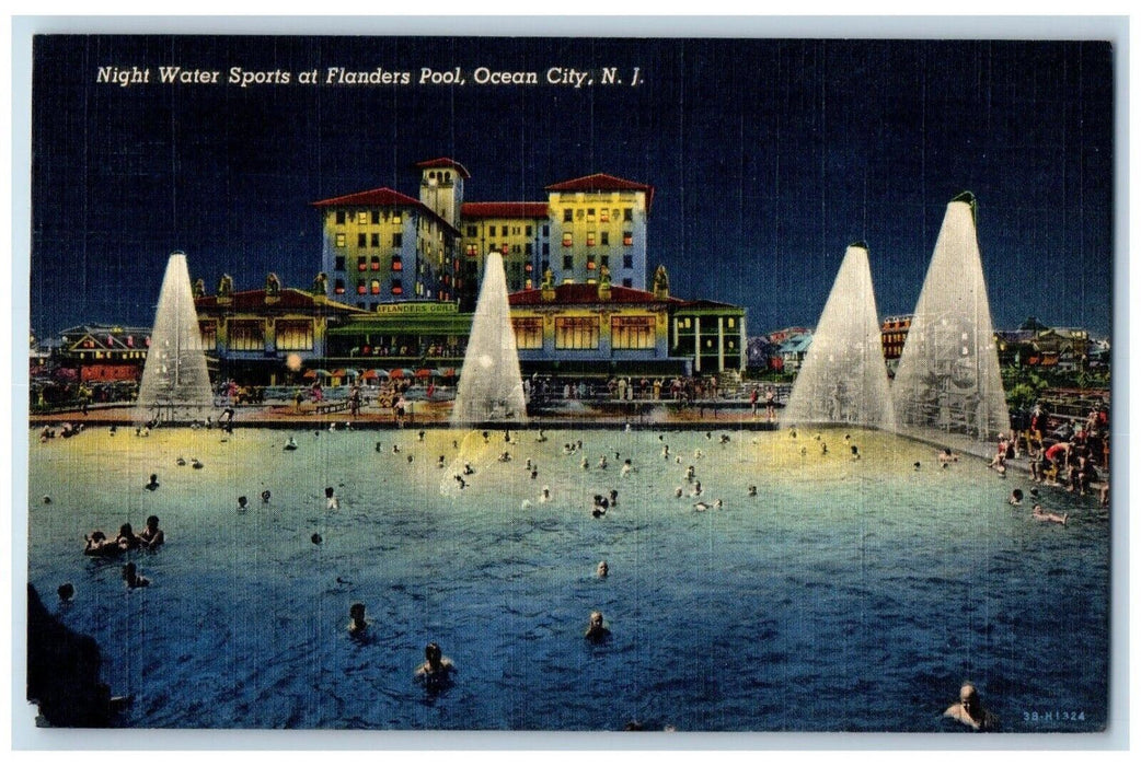 1944 Night Water Sports Flanders Pool Lights Ocean City New Jersey NJ Postcard