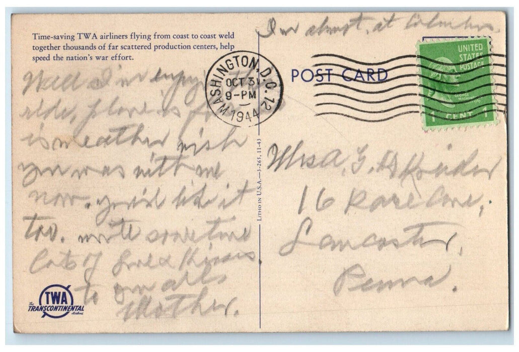 1944 Take Off Transcontinental Airline Airliners Coast Washington DC Postcard