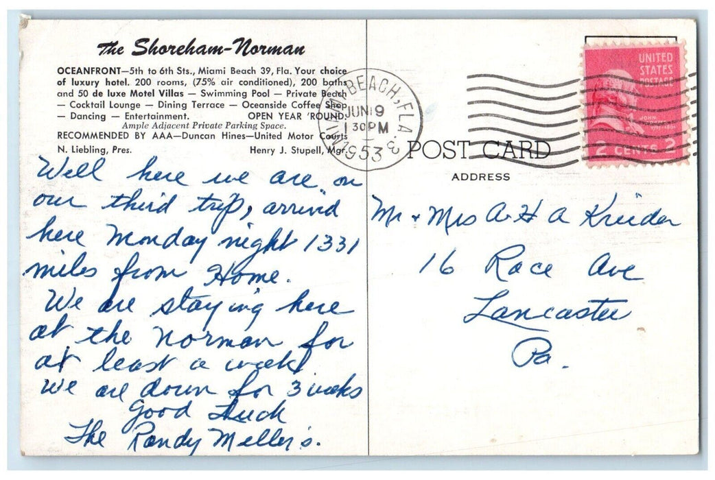 1953 Shoreham Norman Oceanfront Hotel Pool Exterior Miami Beach Florida Postcard