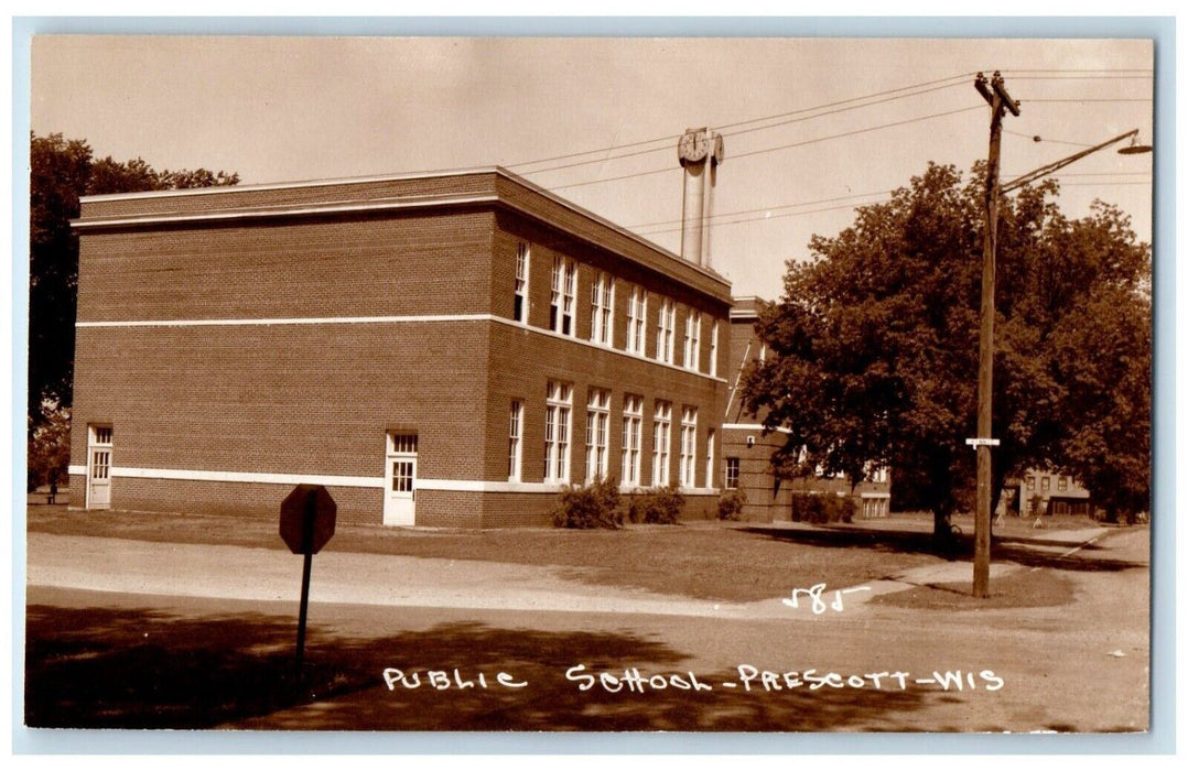 Public School Building Clock Tower Prescott Wisconsin WI RPPC Photo Postcard