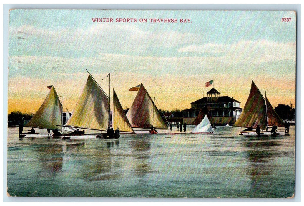 1909 Winter Sports On Traverse Bay Michigan MI, Ice Sailing Antique Postcard